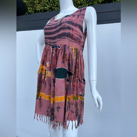 80s/90s Dark Coral Hawaiian Tie Dye Tassel Dress - Picture 9 of 10